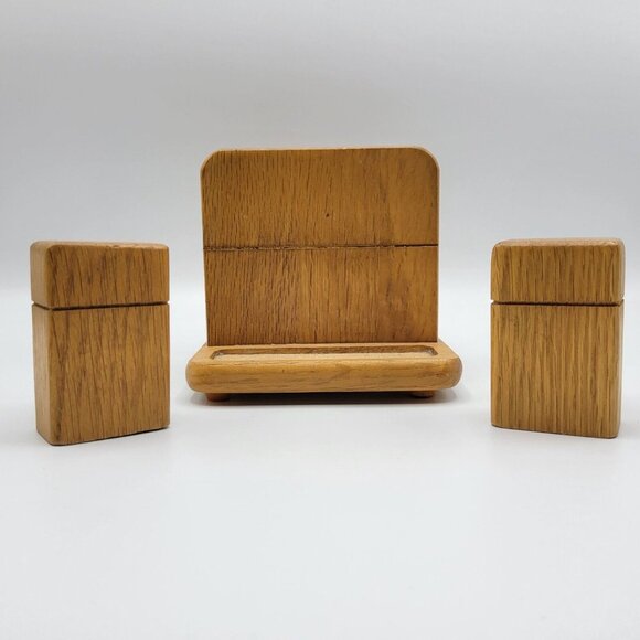 Vintage Kamenstein Wooden Salt & Pepper Shakers With Napkin Holder Thailand - Picture 5 of 12